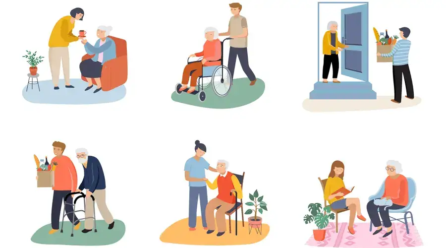 Different cartoons of young person taking care of elderly