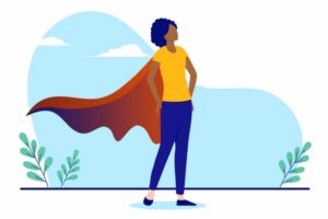 vector drawing of a black woman in regular clothes with a superhero cape on