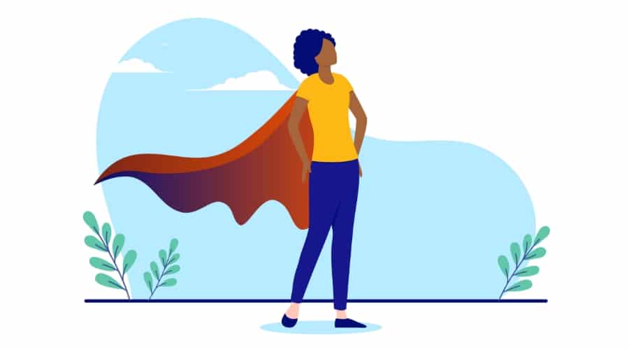 vector drawing of a black woman in regular clothes with a superhero cape on