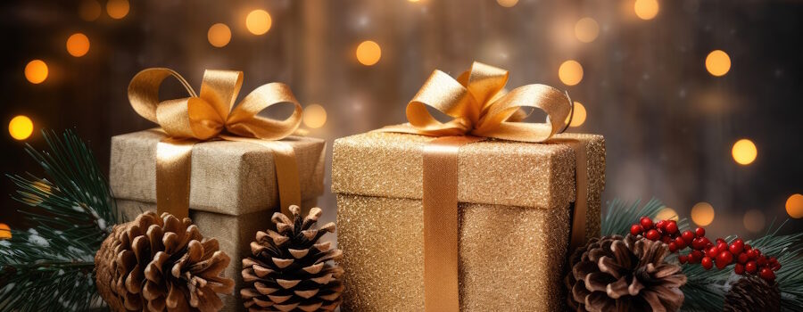gold wrapped presents and Christmas decorations